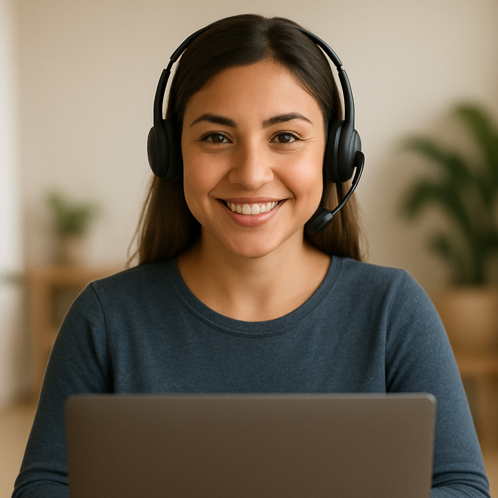 Retrato de Maria Silva, uma mulher sorridente com cabelo castanho, em um ambiente de escritório acessível, trabalhando como analista de TI