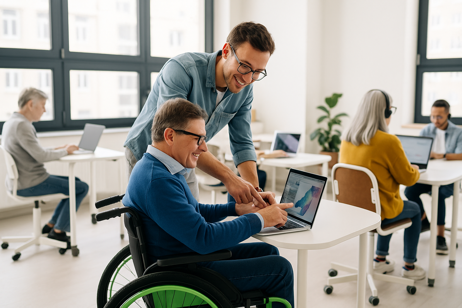 Grupo de estudantes PcD participando de um curso de programação inclusiva em uma sala de aula acessível com computadores adaptados